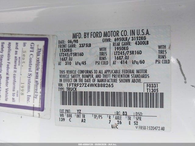 Aukcja sprzedaży 1998 Ford F-250, vin: 1FTRF27Z4WKB88265, numer aukcji: 45064126