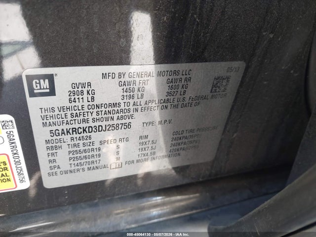 Aukcja sprzedaży 2013 Buick Enclave Leather, vin: 5GAKRCKD3DJ258756, numer aukcji: 45064130