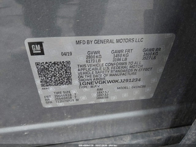 Продаж на аукціоні авто 2019 Chevrolet Traverse 1lt, vin: 1GNEVGKW0KJ291234, номер лоту: 45064139