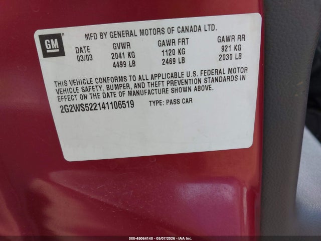 Aukcja sprzedaży 2004 Pontiac Grand Prix Gt2, vin: 2G2WS522141106519, numer aukcji: 45064140