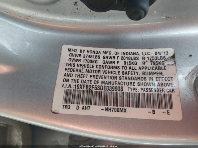 Продаж на аукціоні авто 2013 Honda Civic Lx, vin: 19XFB2F53DE039908, номер лоту: 45064143