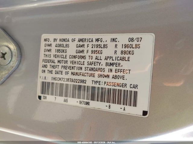 45064165 :رقم المزاد ، 1HGCM72387A022982 vin ، 2007 Honda Accord 2.4 Lx مزاد بيع