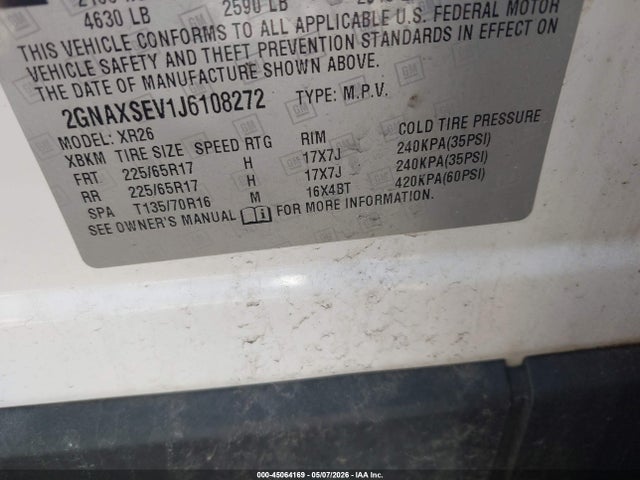 Продаж на аукціоні авто 2018 Chevrolet Equinox Lt, vin: 2GNAXSEV1J6108272, номер лоту: 45064169