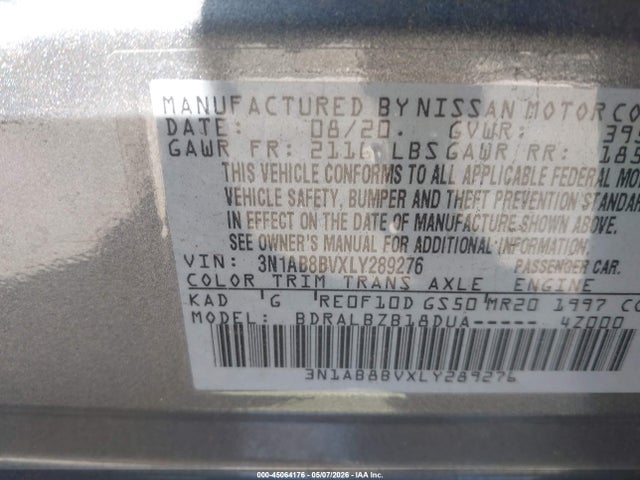 2020 Nissan Sentra S Xtronic Cvt მანქანა იყიდება აუქციონზე, vin: 3N1AB8BVXLY289276, აუქციონის ნომერი: 45064176