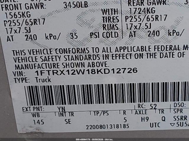 45064178 :رقم المزاد ، 1FTRX12W18KD12726 vin ، 2008 Ford F-150 Fx2/stx/xl/xlt مزاد بيع