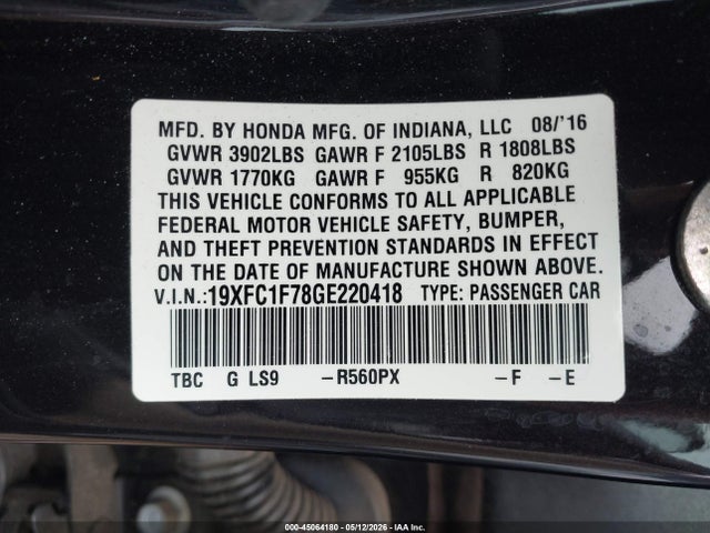 45064180 :رقم المزاد ، 19XFC1F78GE220418 vin ، 2016 Honda Civic Ex-l مزاد بيع