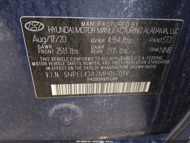 Aukcja sprzedaży 2021 Hyundai Sonata Sel, vin: 5NPEL4JA2MH067039, numer aukcji: 45064185