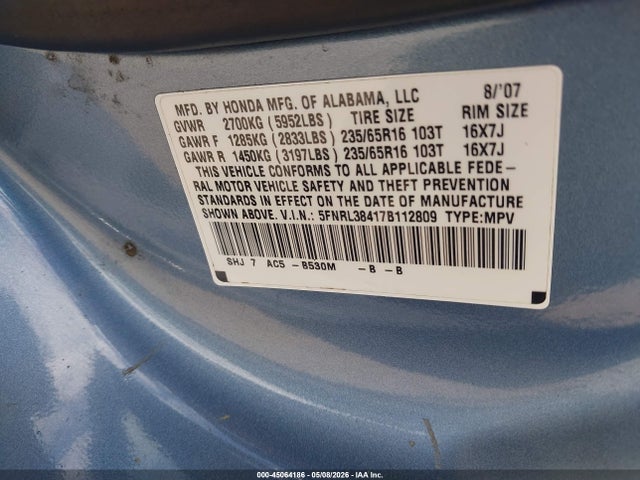 Продаж на аукціоні авто 2007 Honda Odyssey Ex, vin: 5FNRL38417B112809, номер лоту: 45064186