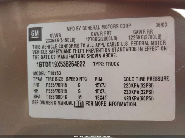 45064188 :رقم المزاد ، 1GTDT19X538264822 vin ، 2003 Gmc Sonoma Sls مزاد بيع
