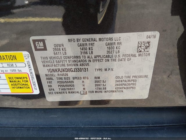 Продаж на аукціоні авто 2016 Chevrolet Traverse Ltz, vin: 1GNKRJKD8GJ330131, номер лоту: 45064192