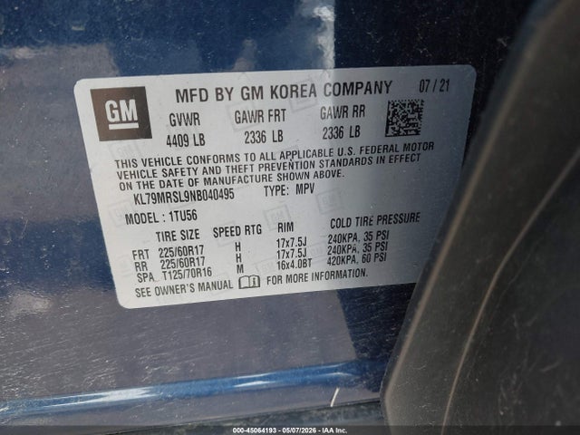 45064193 :رقم المزاد ، KL79MRSL9NB040495 vin ، 2022 Chevrolet Trailblazer Awd Lt مزاد بيع