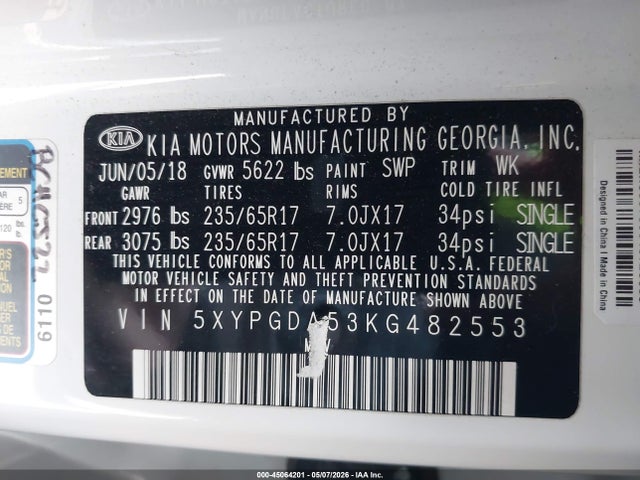 45064201 :رقم المزاد ، 5XYPGDA53KG482553 vin ، 2019 Kia Sorento 3.3l Lx مزاد بيع