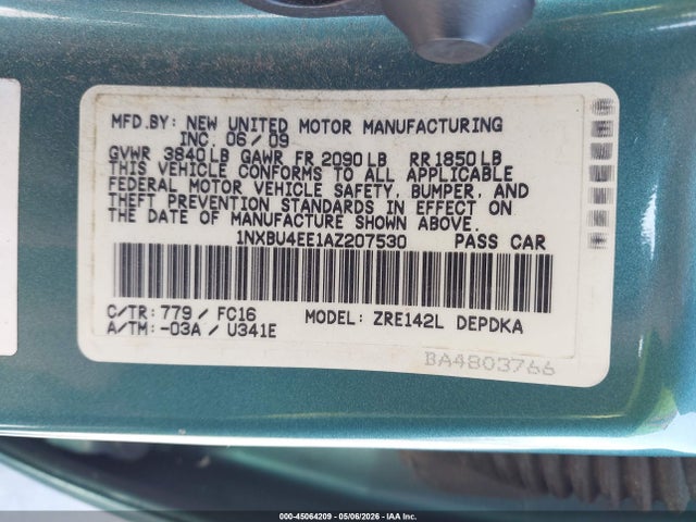 2010 Toyota Corolla Le მანქანა იყიდება აუქციონზე, vin: 1NXBU4EE1AZ207530, აუქციონის ნომერი: 45064209
