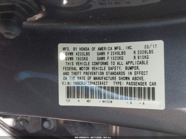 45064214 :رقم المزاد ، 1HGCR2F32HA228427 vin ، 2017 Honda Accord Lx مزاد بيع
