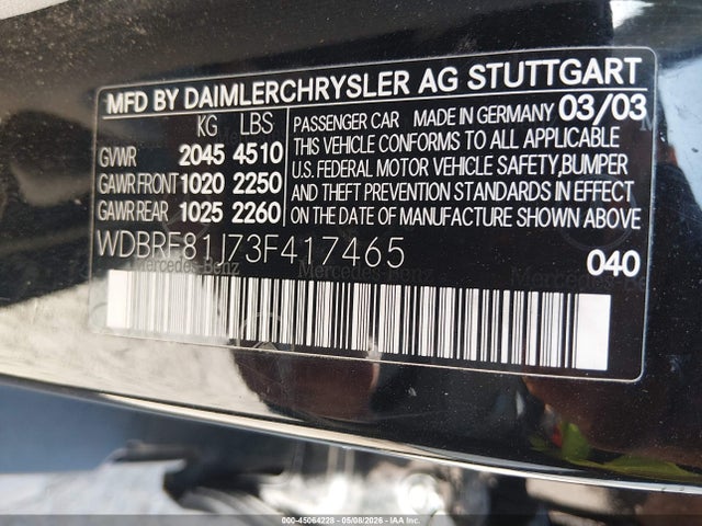45064228 :رقم المزاد ، WDBRF81J73F417465 vin ، 2003 Mercedes-benz C 240 مزاد بيع
