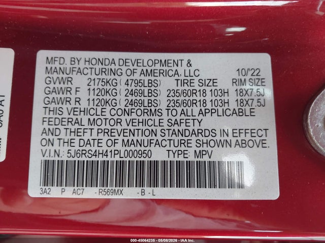 45064235 :رقم المزاد ، 5J6RS4H41PL000950 vin ، 2023 Honda Cr-v Ex Awd مزاد بيع