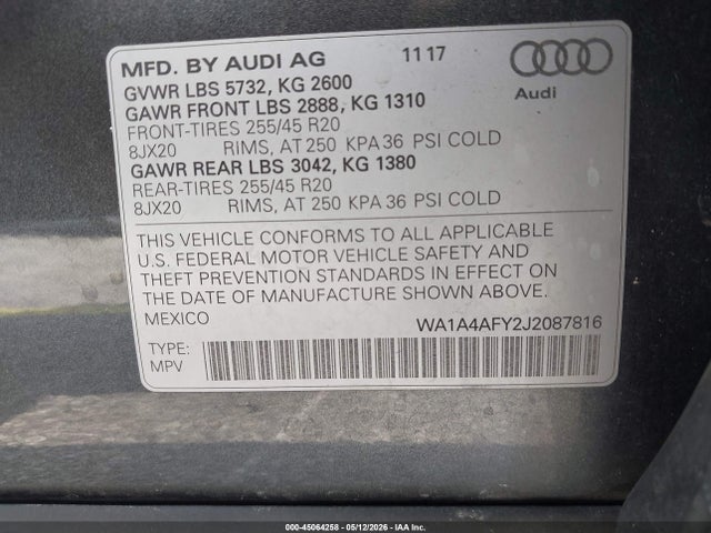45064258 :رقم المزاد ، WA1A4AFY2J2087816 vin ، 2018 Audi Sq5 3.0t Premium Plus مزاد بيع