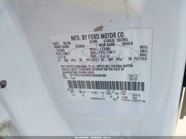 Aukcja sprzedaży 2006 Ford F-150 Stx/xl/xlt, vin: 1FTRX12W66NB82048, numer aukcji: 45064266