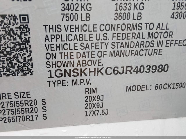 45064269 :رقم المزاد ، 1GNSKHKC6JR403980 vin ، 2018 Chevrolet Suburban Lt مزاد بيع