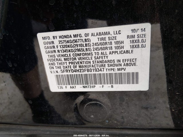 45064278 :رقم المزاد ، 5FRYD4H23FB019347 vin ، 2015 Acura Mdx مزاد بيع