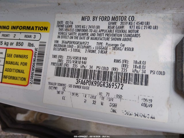 2016 Ford Fusion Titanium მანქანა იყიდება აუქციონზე, vin: 3FA6P0K90GR369572, აუქციონის ნომერი: 45064287
