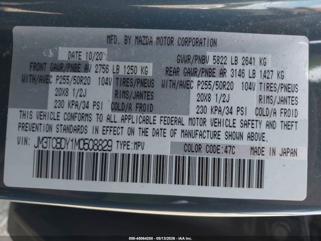 Aukcja sprzedaży 2021 Mazda Cx-9 Carbon Edition, vin: JM3TCBDY1M0508829, numer aukcji: 45064288