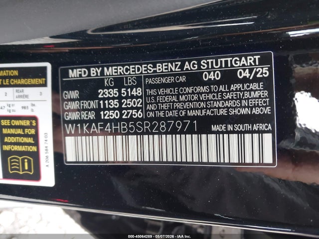45064289 :رقم المزاد ، W1KAF4HB5SR287971 vin ، 2025 Mercedes-benz C 300 مزاد بيع