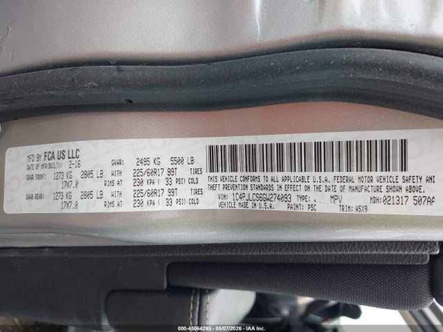 Aukcja sprzedaży 2016 Jeep Cherokee Latitude, vin: 1C4PJLCS6GW274093, numer aukcji: 45064295