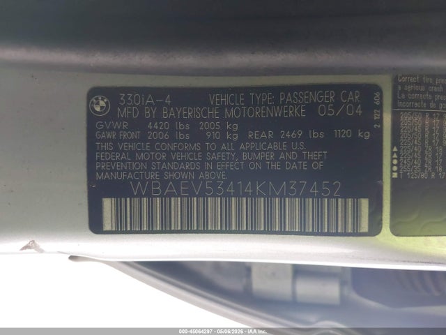 Aukcja sprzedaży 2004 Bmw 330i, vin: WBAEV53414KM37452, numer aukcji: 45064297
