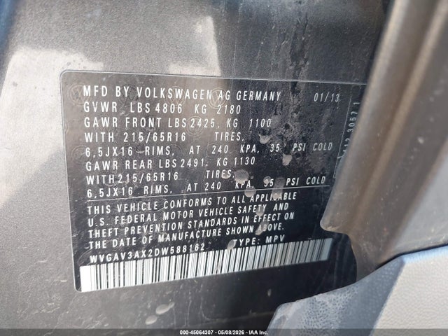 45064307 :رقم المزاد ، WVGAV3AX2DW588162 vin ، 2013 Volkswagen Tiguan S مزاد بيع