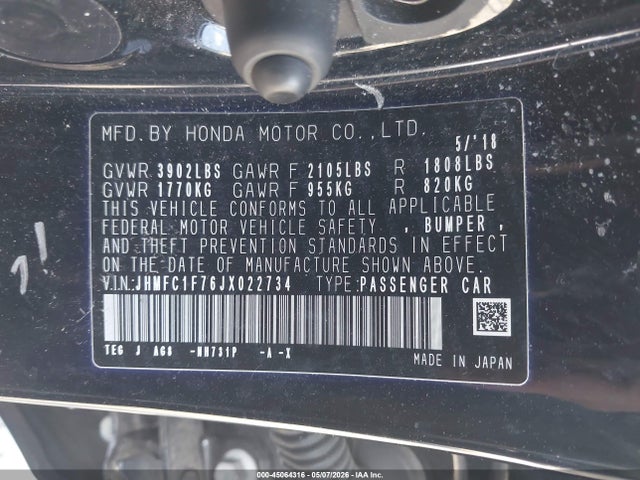 45064316 :رقم المزاد ، JHMFC1F76JX022734 vin ، 2018 Honda Civic Ex-l مزاد بيع