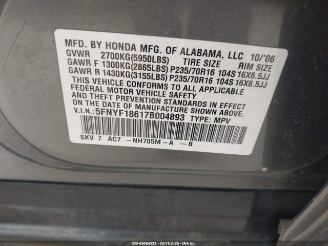 Aukcja sprzedaży 2007 Honda Pilot Ex-l, vin: 5FNYF18617B004893, numer aukcji: 45064323