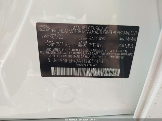 45064326 :رقم المزاد ، 5NPEF4JA4LH034453 vin ، 2020 Hyundai Sonata Sel مزاد بيع