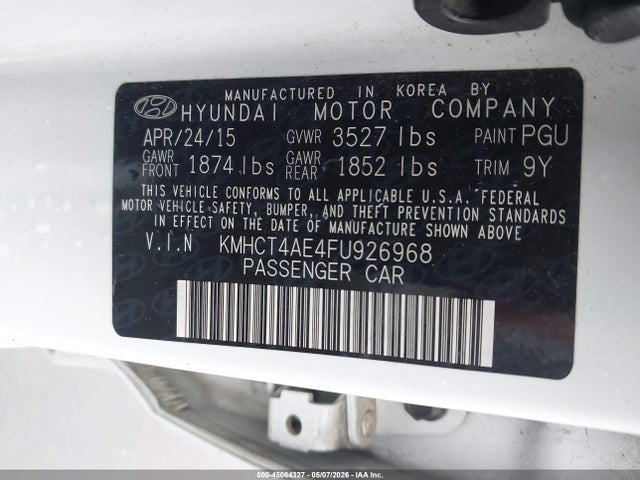 Aukcja sprzedaży 2015 Hyundai Accent Gls, vin: KMHCT4AE4FU926968, numer aukcji: 45064327