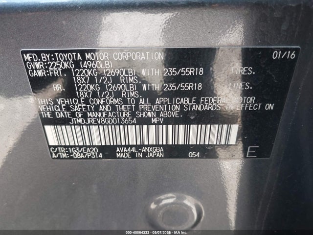 45064333 :رقم المزاد ، JTMDJREV8GD013654 vin ، 2016 Toyota Rav4 Hybrid Limited مزاد بيع