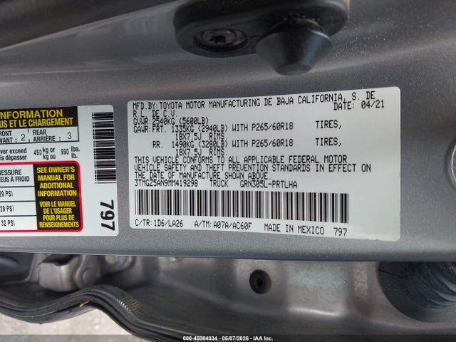 Продаж на аукціоні авто 2021 Toyota Tacoma 4wd Limited, vin: 3TMGZ5AN9MM419298, номер лоту: 45064334