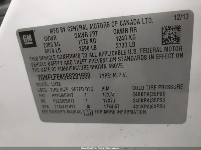 Aukcja sprzedaży 2014 Chevrolet Equinox 1lt, vin: 2GNFLFEK5E6201669, numer aukcji: 45064338