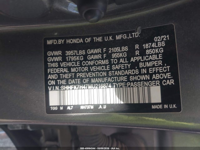 Aukcja sprzedaży 2021 Honda Civic Sport, vin: SHHFK7H47MU216874, numer aukcji: 45064344
