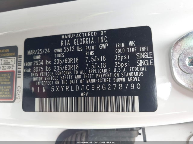 2024 Kia Sorento S მანქანა იყიდება აუქციონზე, vin: 5XYRLDJC9RG278790, აუქციონის ნომერი: 45064353