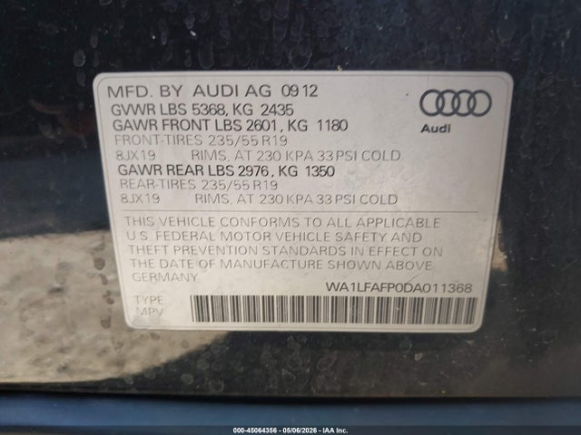 Aukcja sprzedaży 2013 Audi Q5 2.0t Premium, vin: WA1LFAFP0DA011368, numer aukcji: 45064356