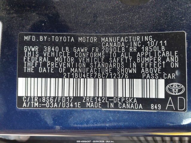 45064367 :رقم المزاد ، 2T1BU4EE7BC712376 vin ، 2011 Toyota Corolla S مزاد بيع