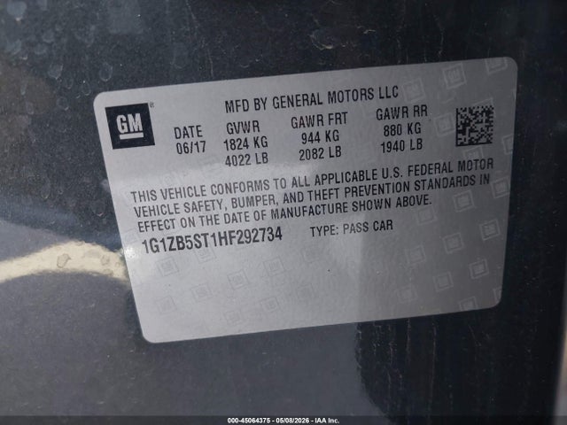 2017 Chevrolet Malibu Ls მანქანა იყიდება აუქციონზე, vin: 1G1ZB5ST1HF292734, აუქციონის ნომერი: 45064375