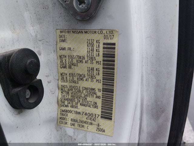 45064387 :رقم المزاد ، 1N6BD0CT8HN740037 vin ، 2017 Nissan Frontier Sv-i4 مزاد بيع