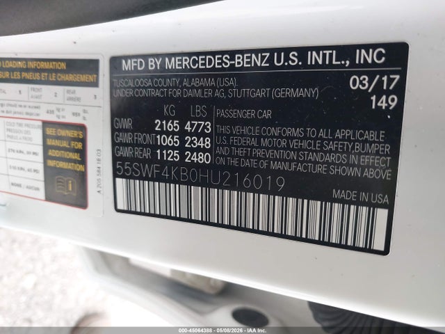 Aukcja sprzedaży 2017 Mercedes-benz C 300 4matic, vin: 55SWF4KB0HU216019, numer aukcji: 45064388