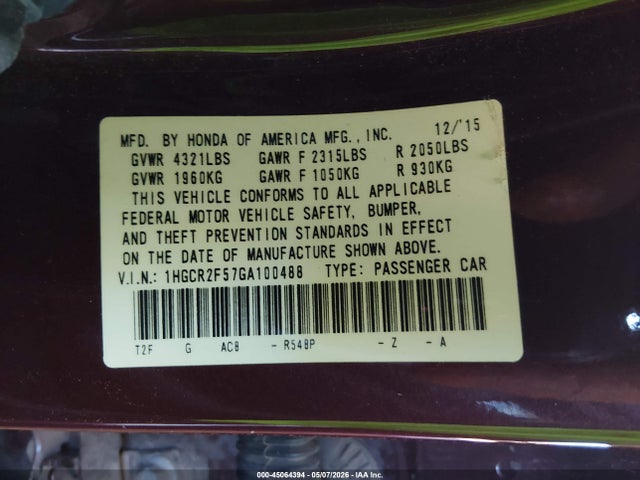 1HGCR2F57GA100488 Honda Accord Sport