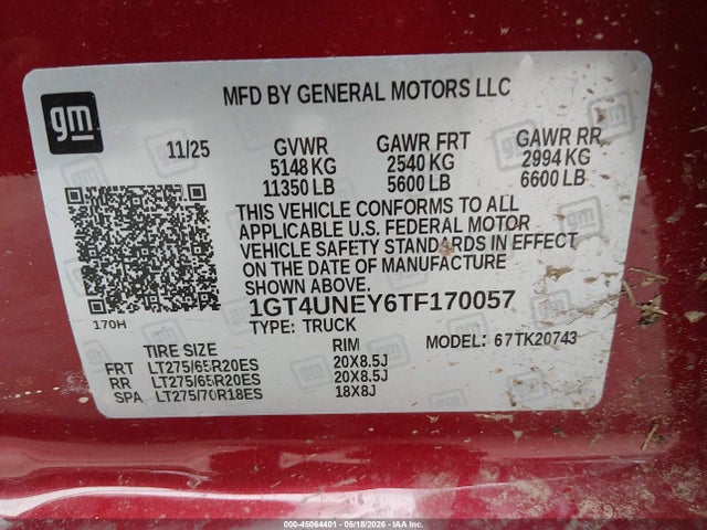 45064401 :رقم المزاد ، 1GT4UNEY6TF170057 vin ، 2026 Gmc Sierra 2500hd , Standard Bed, Slt, 4wd مزاد بيع