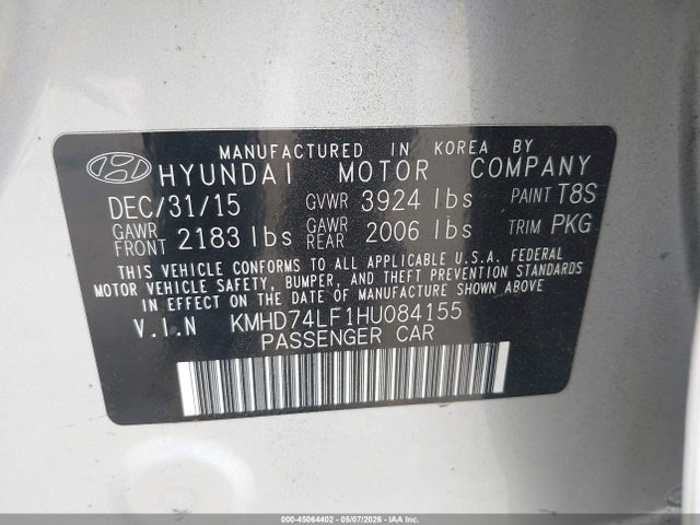KMHD74LF1HU084155 Hyundai ELANTRA SE