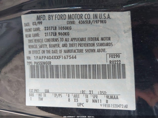 Aukcja sprzedaży 1999 Ford Mustang, vin: 1FAFP404XXF167544, numer aukcji: 45064417
