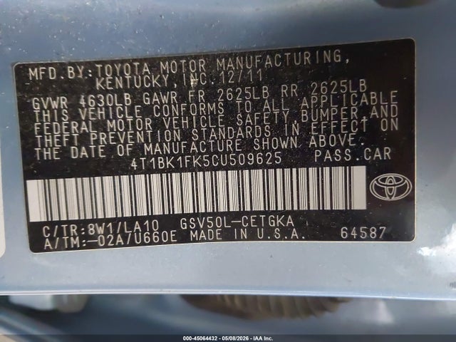 Aukcja sprzedaży 2012 Toyota Camry Xle V6, vin: 4T1BK1FK5CU509625, numer aukcji: 45064432