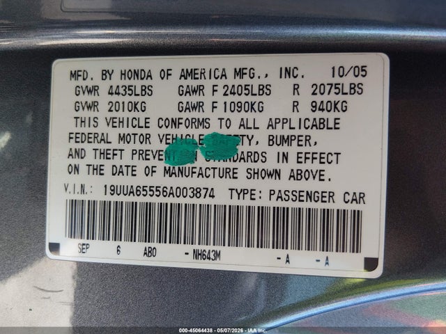 Продажа на аукционе авто 2006 Acura Tl, vin: 19UUA65556A003874, номер лота: 45064438